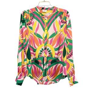 Fate Multicolor Geometric Mod Retro Abstract Colorful Silky Blouse size L NWT